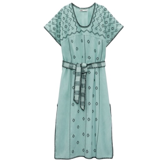 ZARA Bloggers Fav V- Neck Linen Embroidered Caftan Dress Tie Waist Size L NEW - Picture 1 of 13